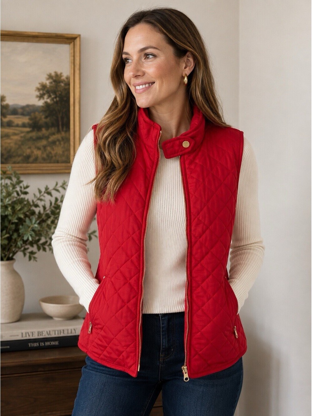Peck & Peck Red Quilted Puffer Vest Women’s Large Zip Front Lightweight Preppy